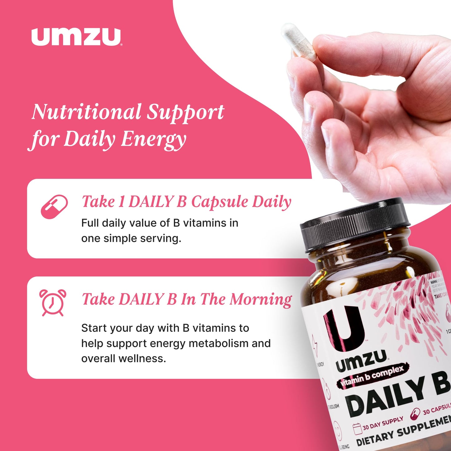 UMZU Daily B, 30 Day Supply – Complete Vitamin B Complex Supplement Blend with B1, B2, B3, B5, B6, B7, B9 & B12 Plus Folic Acid & Biotin – Supports Energy, Focus, Mood, - Maple Wellness Supplements