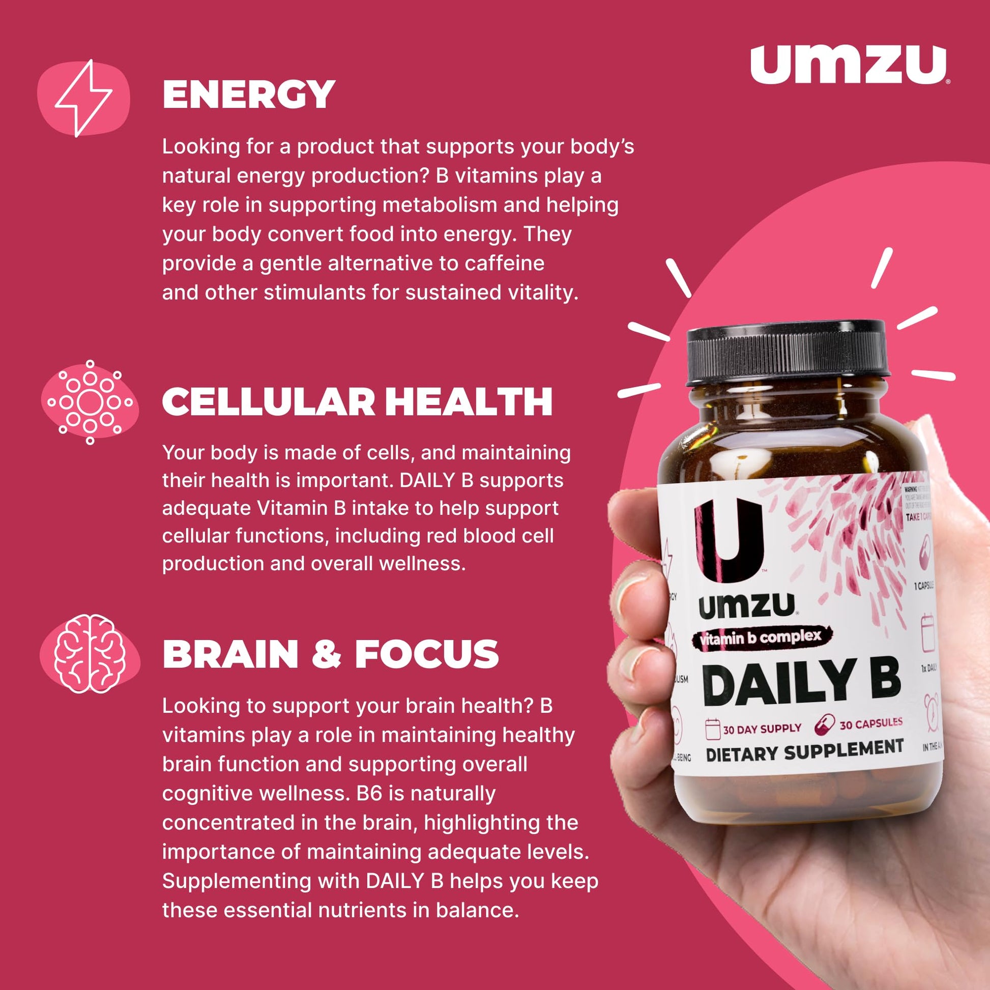 UMZU Daily B, 30 Day Supply – Complete Vitamin B Complex Supplement Blend with B1, B2, B3, B5, B6, B7, B9 & B12 Plus Folic Acid & Biotin – Supports Energy, Focus, Mood, - Maple Wellness Supplements