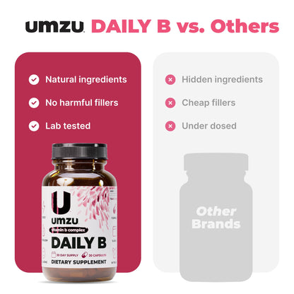 UMZU Daily B, 30 Day Supply – Complete Vitamin B Complex Supplement Blend with B1, B2, B3, B5, B6, B7, B9 & B12 Plus Folic Acid & Biotin – Supports Energy, Focus, Mood, - Maple Wellness Supplements
