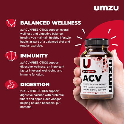 UMZU zuACV Apple Cider Vinegar + Prebiotics Supplement, (30 Day Supply) – ACV & Inulin Fiber Blend – Gut Health Support with ACV Capsules - Maple Wellness Supplements
