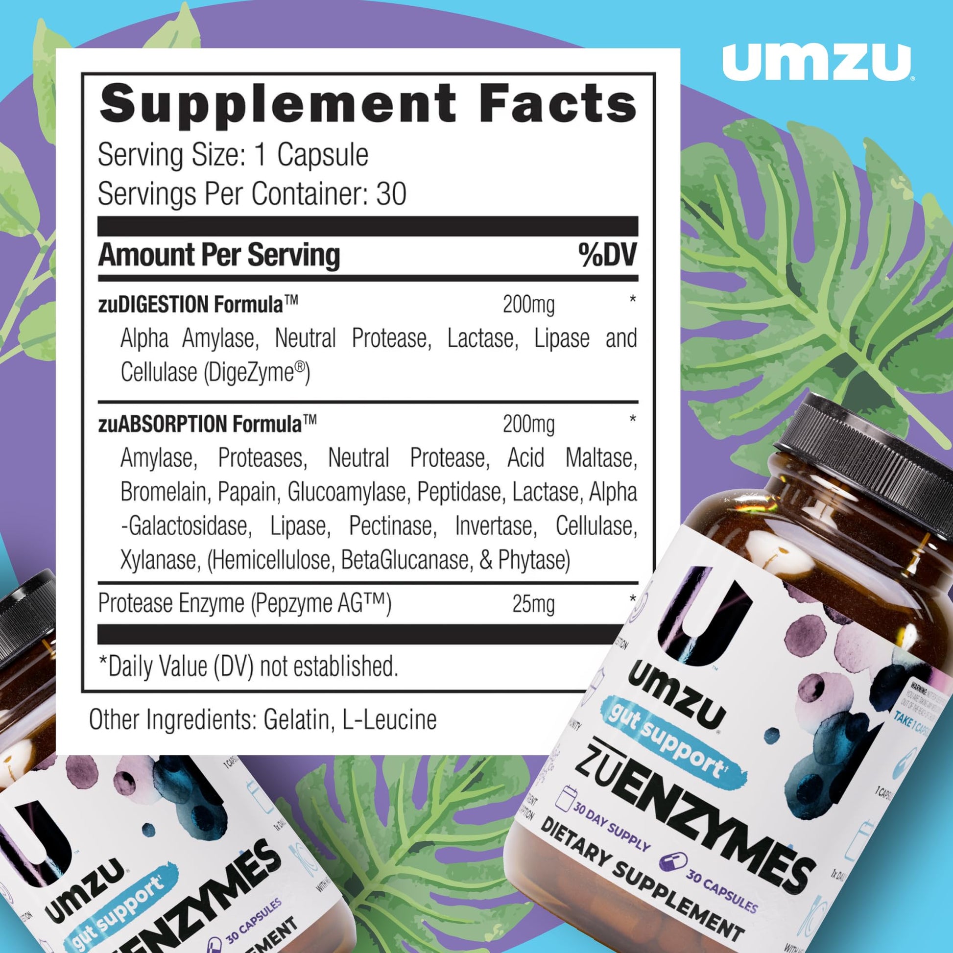 UMZU zuEnzymes Digestive Support Supplement, (30 Day Supply) – 21 Enzyme Blend with Lipase Protease & Amylase – Digestive Enzymes for Gut Health & Probiotic Daily - Maple Wellness Supplements