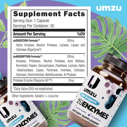 UMZU zuEnzymes Digestive Support Supplement, (30 Day Supply) – 21 Enzyme Blend with Lipase Protease & Amylase – Digestive Enzymes for Gut Health & Probiotic Daily - Maple Wellness Supplements