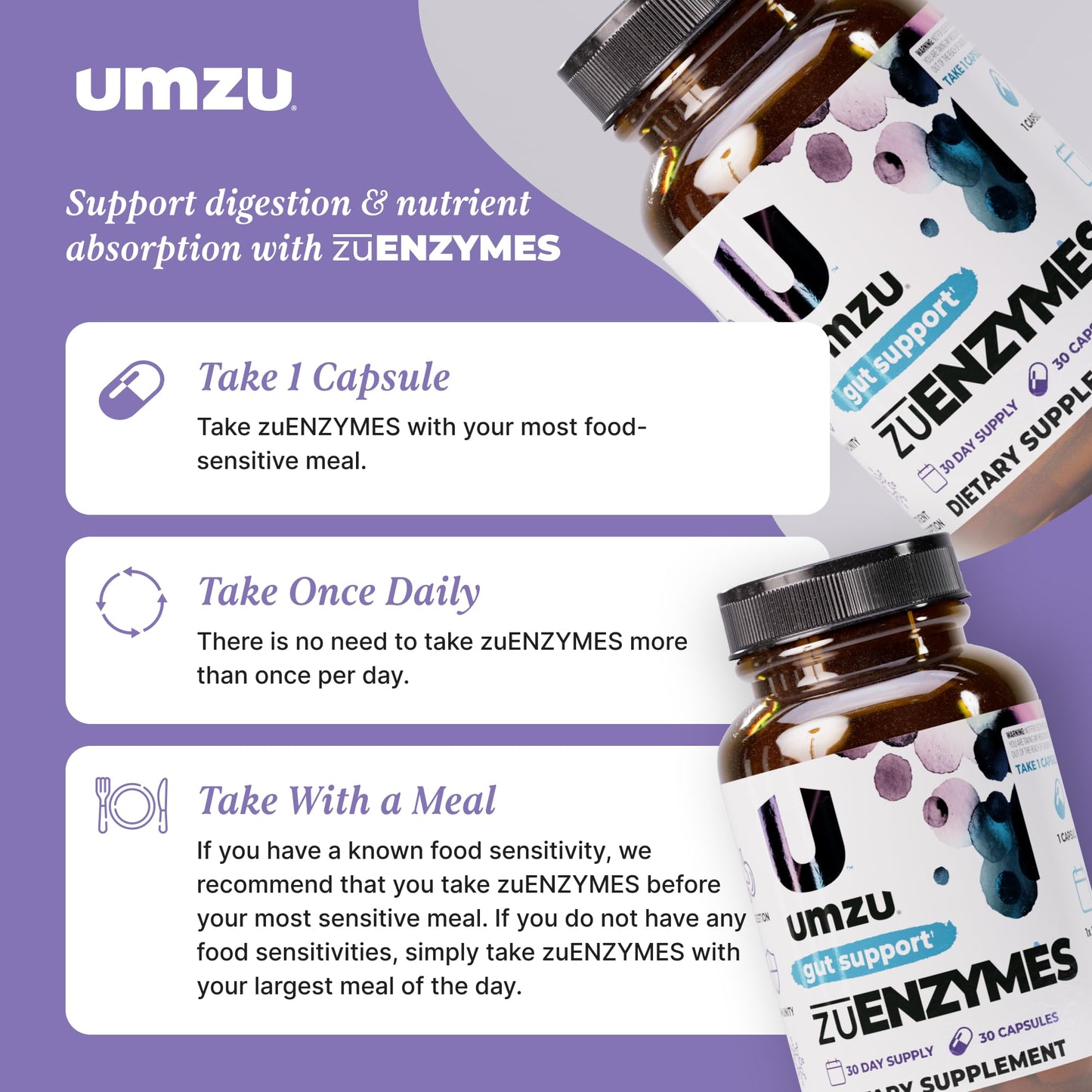 UMZU zuEnzymes Digestive Support Supplement, (30 Day Supply) – 21 Enzyme Blend with Lipase Protease & Amylase – Digestive Enzymes for Gut Health & Probiotic Daily - Maple Wellness Supplements
