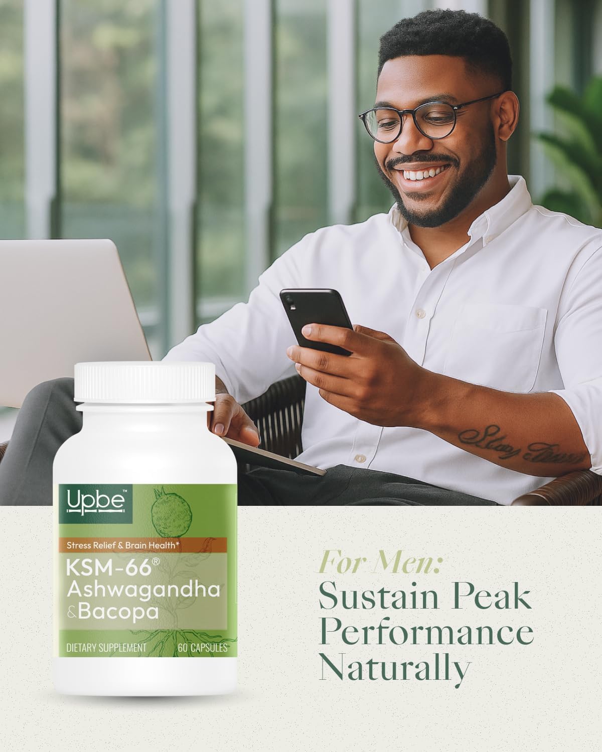 Upbe Ashwagandha Supplements for Women & Men - KSM-66® with Bacopa & Milk Thistle, 60 Vegan Capsules - Stress Relief, Mood, Cortisol Support, Extra Strength Ashwagandha Capsules - Maple Wellness Supplements