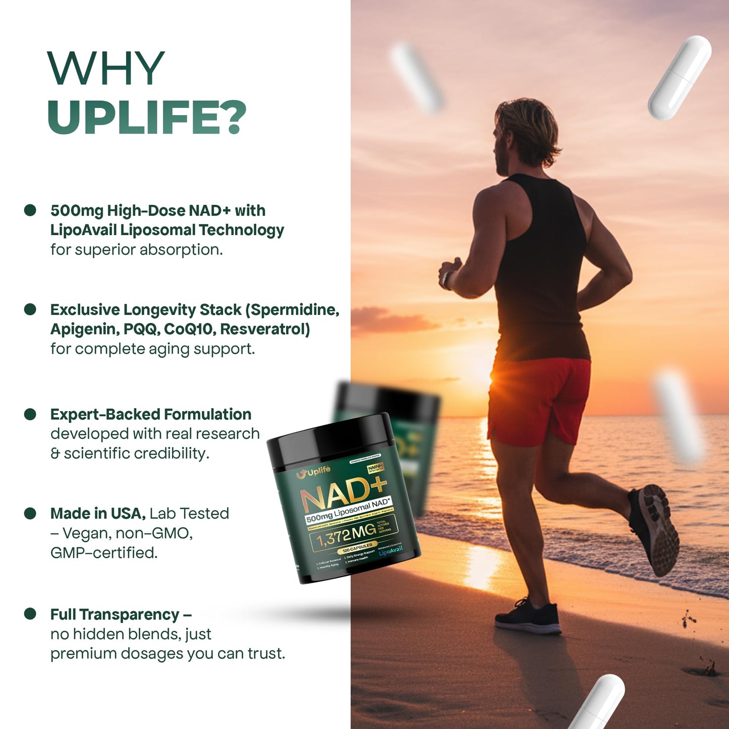 UPLIFE NAD+ Supplement 1,372mg – Liposomal NAD+ with CoQ10, Resveratrol, Spermidine, L-Theanine, Apigenin & PQQ – NMNH Alternative Booster Cellular Energy, Healthy Aging, Immune Health – 120 Capsules - Maple Wellness Supplements
