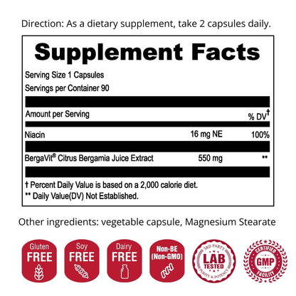 UpNourish BERGAVIT Citrus Bergamot Cholesterol Supplement - Italian Citrus Bergamot Extract 550mg for Women and Men 90 Vegan Capsules - Maple Wellness Supplements