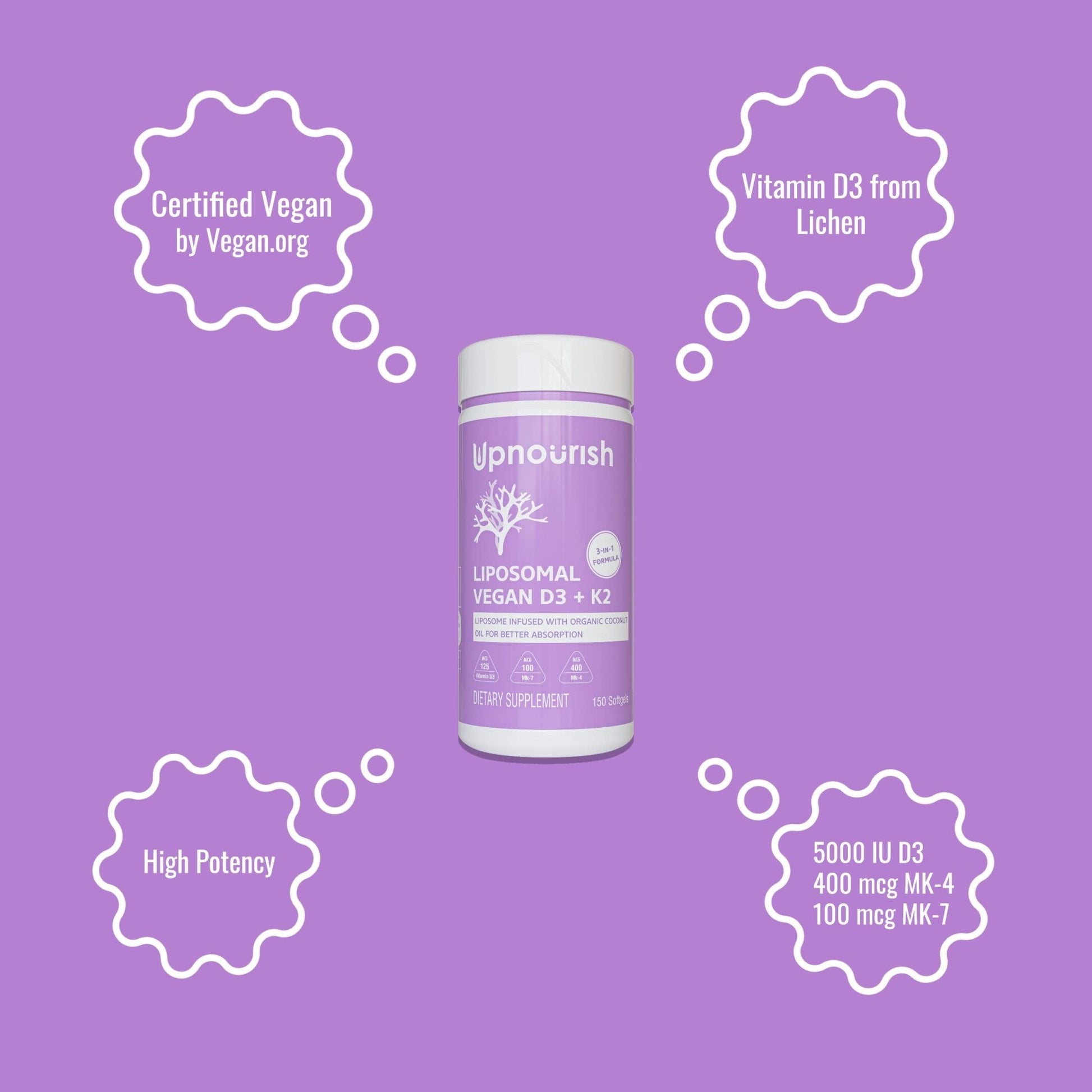 UpNourish Certified Vegan Vitamin D3 5000 IU K2 MK4 MK7 500 mcg Supplement, 150 Softgels, Plant Based Liposomal Vitamin D K with Organic - Maple Wellness Supplements
