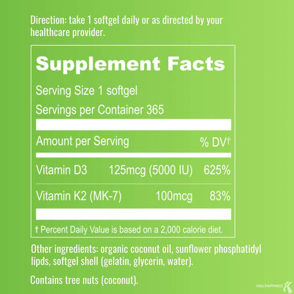 UpNourish Liposomal D3 K2 MK-7 – 365 Mini softgels with Organic Coconut Oil - 5000 IU 125 mcg Vitamin D3 and 100 mcg Vitamin k2 - Maple Wellness Supplements