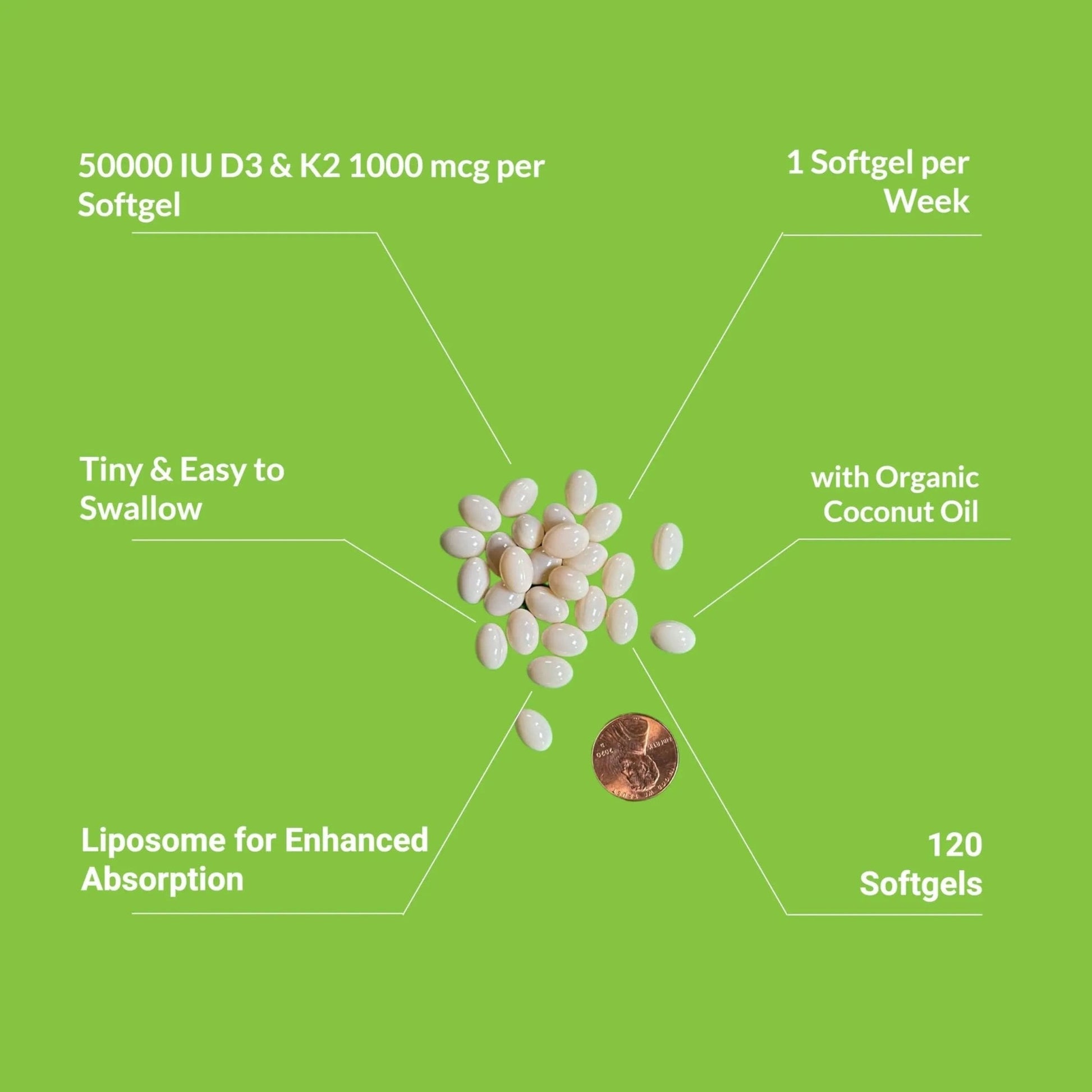 UpNourish Liposomal Vitamin D3 50000 IU (Vitamina D3 de 50000) with 1000 mcg Vitamin K, High Dose Vitamin D3 K2, Vitamin D 50000 IU with K1, K2 MK-4 and MK-7, 120 Mini Softgels - Maple Wellness Supplements