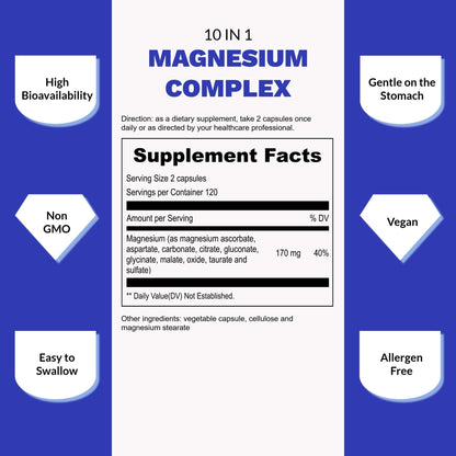 UpNourish Magnesium Supplement - 10 in 1 Magnesium Complex - Full Spectrum Magnesium Mineral Supplements with Glycinate, Citrate, Taurate, Malate, Carbonate, Oxide and More, 240 Vegan Capsules - Maple Wellness Supplements