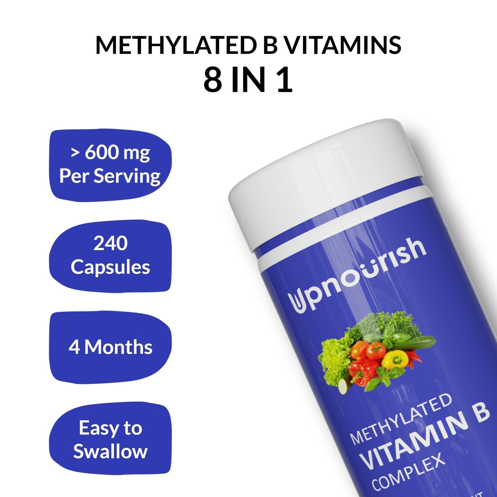 UpNourish Methylated B Complex Vitamins for Women and Men, 240 Veggies Capsules - Active Pure B Complex with Organic Fruits, Vegetables, B1 Thiamine, B2 Riboflavin, - Maple Wellness Supplements