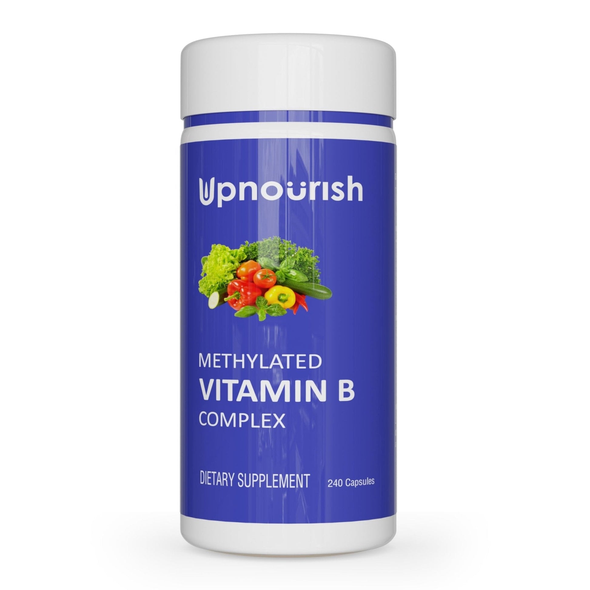 UpNourish Methylated B Complex Vitamins for Women and Men, 240 Veggies Capsules - Active Pure B Complex with Organic Fruits, Vegetables, B1 Thiamine, B2 Riboflavin, - Maple Wellness Supplements