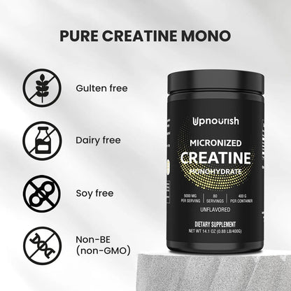 UpNourish Micronized Creatine Monohydrate Powder 400 G - Unflavored Vegan for Pre Workout, Muscle Building Pure Women and Men Instantized Supplement, 80 Servings 14.1096 Ounce - Maple Wellness Supplements