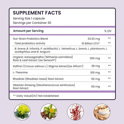 UpNourish Organic Ashwagandha Saffron Supplements with Probiotics - Stress Relief, Mood Enhancer, Calm Happy Pills Support Fatigue Focus Clarity with L-Theanine, Rhodiola, 30 Vegan Capsules - Maple Wellness Supplements