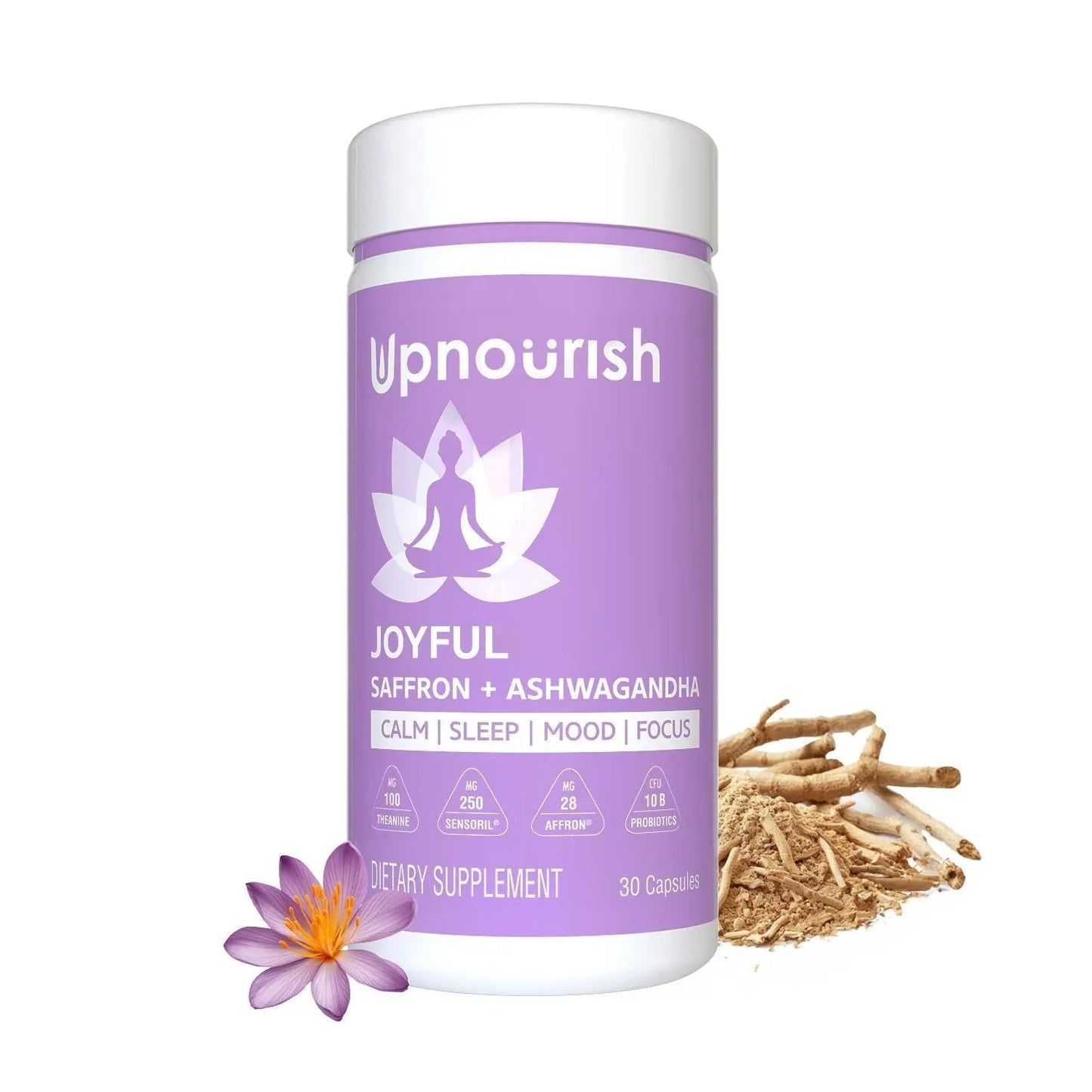 UpNourish Organic Ashwagandha Saffron Supplements with Probiotics - Stress Relief, Mood Enhancer, Calm Happy Pills Support Fatigue Focus Clarity with L-Theanine, Rhodiola, 30 Vegan Capsules - Maple Wellness Supplements