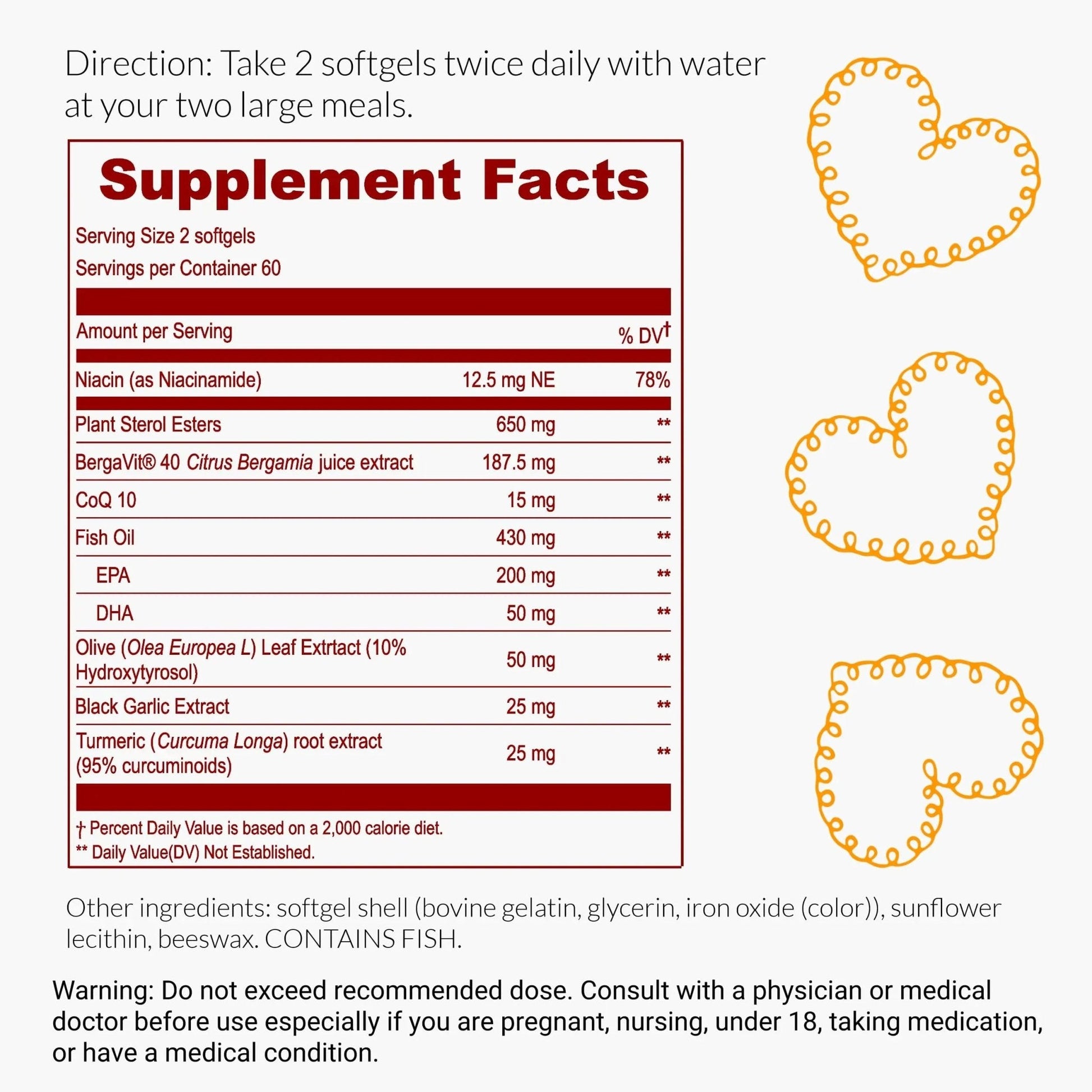 UpNourish Plant Sterols Citrus Bergamot Supplement for High Cholesterol with CoQ10, Omega 3, Olive Leaf, Turmeric Curcumin, Black Garlic and Niacin - 120 Softgels - Maple Wellness Supplements