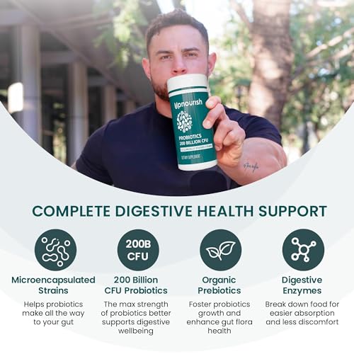 UpNourish Probiotics - 200 Billion CFUs, 15 Strains, Prebiotics & Enzymes - 60 Vegan Cap - Maple Wellness Supplements