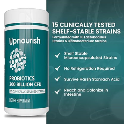 UpNourish Probiotics - 200 Billion CFUs, 15 Strains, Prebiotics & Enzymes - 60 Vegan Cap - Maple Wellness Supplements