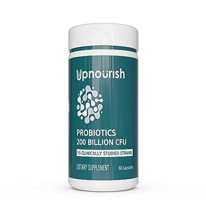 UpNourish Probiotics - 200 Billion CFUs, 15 Strains, Prebiotics & Enzymes - 60 Vegan Cap - Maple Wellness Supplements