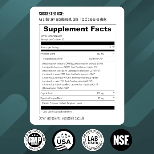 UpNourish Probiotics - 200 Billion CFUs, 15 Strains, Prebiotics & Enzymes - 60 Vegan Cap - Maple Wellness Supplements