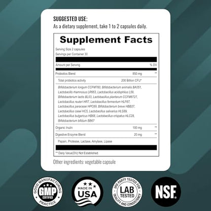 UpNourish Probiotics - 200 Billion CFUs, 15 Strains, Prebiotics & Enzymes - 60 Vegan Cap - Maple Wellness Supplements