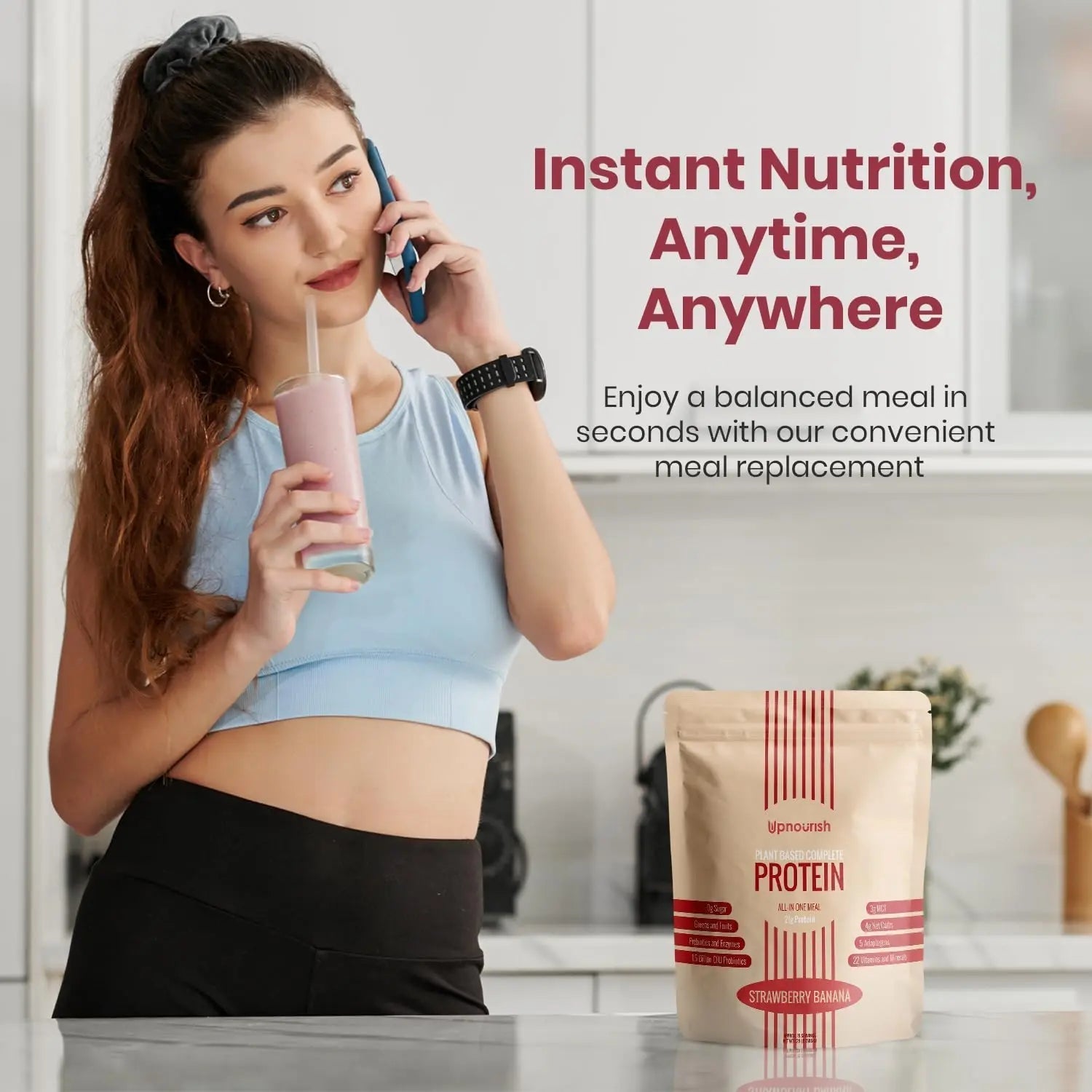 UpNourish Strawberry Banana Vegan Protein Powder 54 Superfoods Powder,1.5 Billion CFU Probiotics 21g Plant Based Protein,No Sugar No Dairy No GMO Dairy Free,Meal Replacement Shake Keto-Friendly Low-Carb Diet,15 Servings - Maple Wellness Supplements