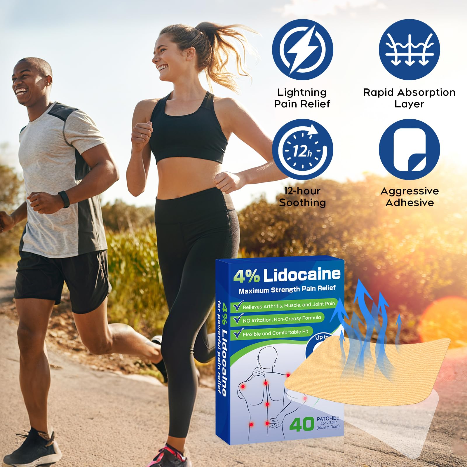 Uposiut Lidocaine Patches, Maximum Strength Lidocaine Patches (40 Patches), for Muscle Pain Relief in The Back, Shoulders, Neck, Knees, and Anks, 12 Hour Pain Relief-G002 - Maple Wellness Supplements