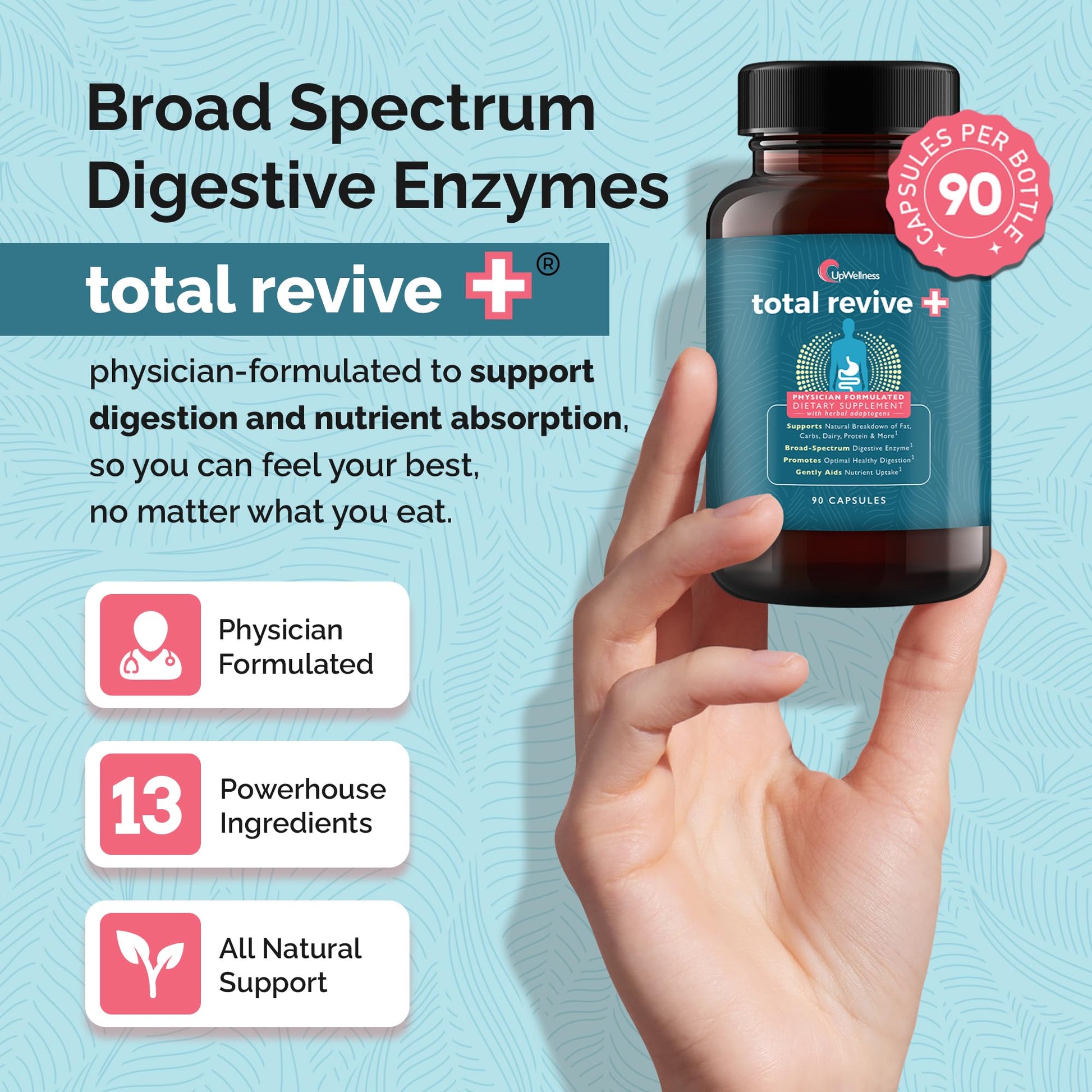UpWellness Total Revive+ Digestive Enzymes - Broad-Spectrum Enzymes for Digestive Health - Supports Gut Health and Nutrient Absorption - Maple Wellness Supplements