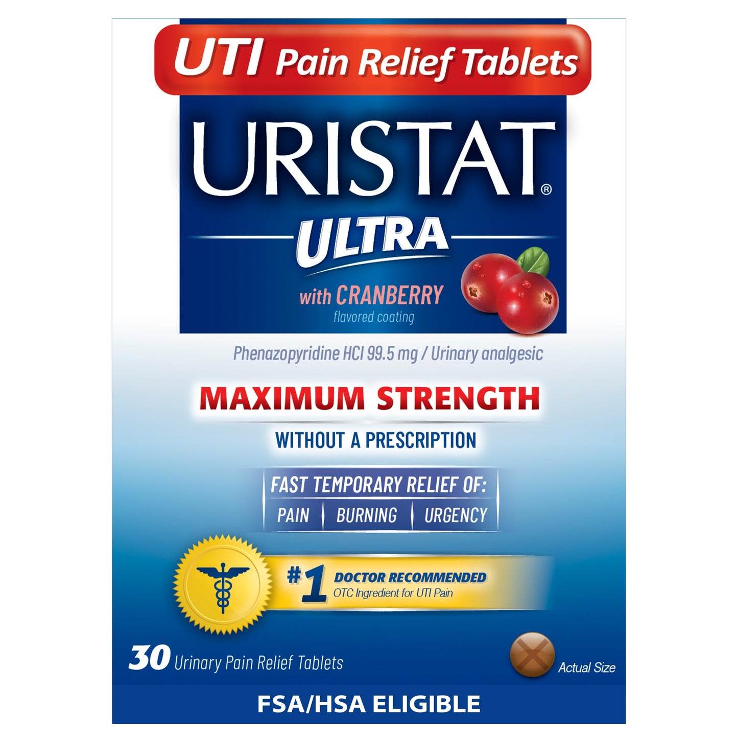 Uristat Ultra Strength UTI Relief Tablets – Ease Urinary Pain, Burning & Urgency, Cranberry Flavor, 30 Count - Maple Wellness Supplements