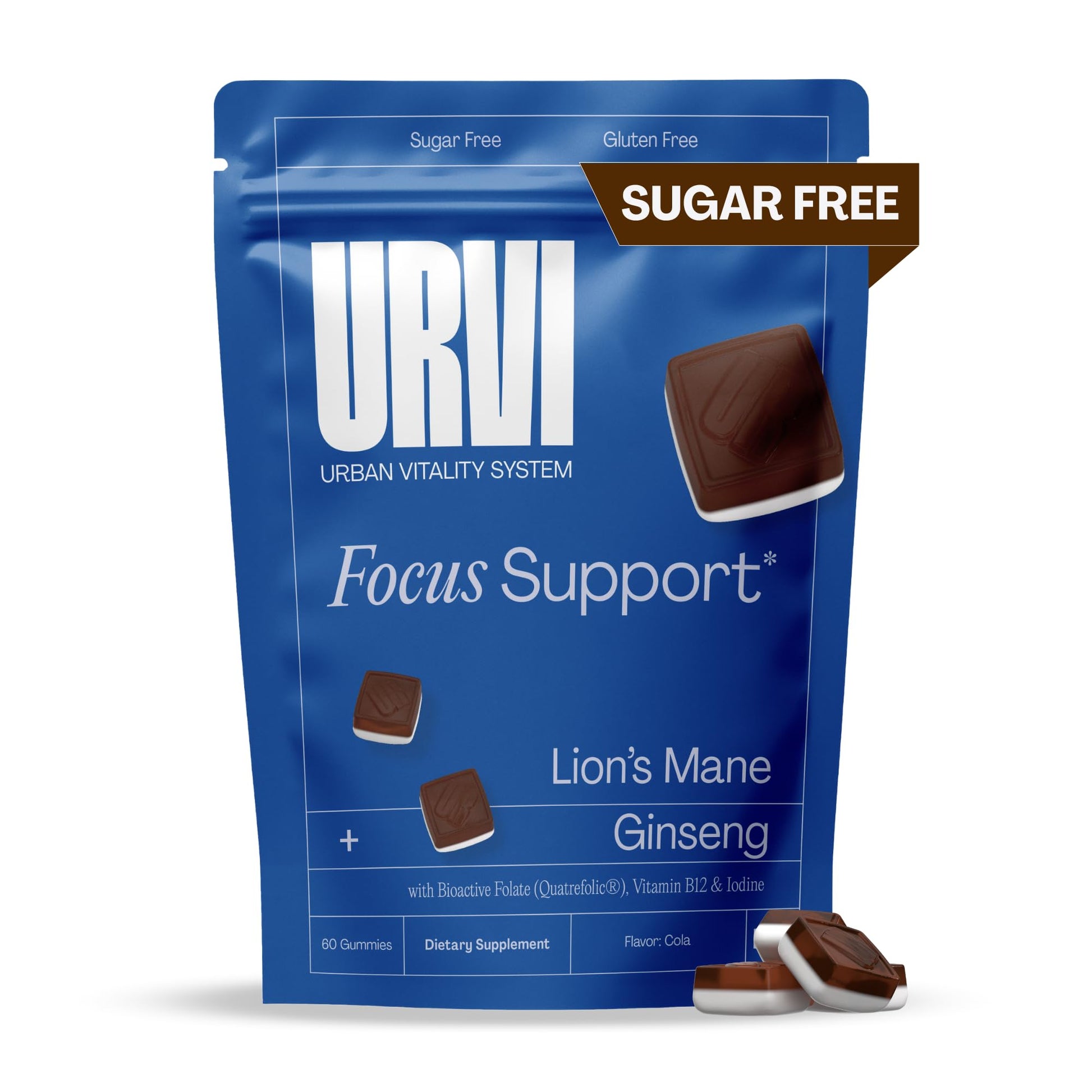 URVI 1500mg Lion's Mane Gummies with Ginseng, Folate 5-MTHF, B12 & Iodine – Focus Nootropic Brain Supplement Boosts Memory, Focus & Energy – Sugar-Free – Cola Flavor – 60 Count - Maple Wellness Supplements