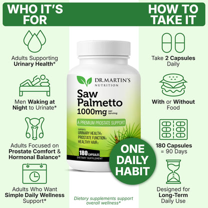 USA Grown Saw Palmetto | 180 Capsules Prostate Health Supplement | Hair Growth for Men & Women | Support to Help Maintain Normal Urination Frequency - Maple Wellness Supplements