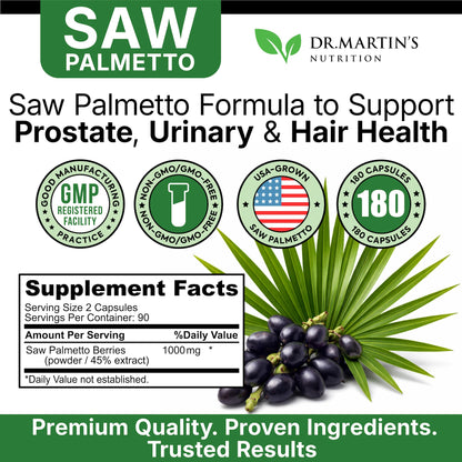 USA Grown Saw Palmetto | 180 Capsules Prostate Health Supplement | Hair Growth for Men & Women | Support to Help Maintain Normal Urination Frequency - Maple Wellness Supplements