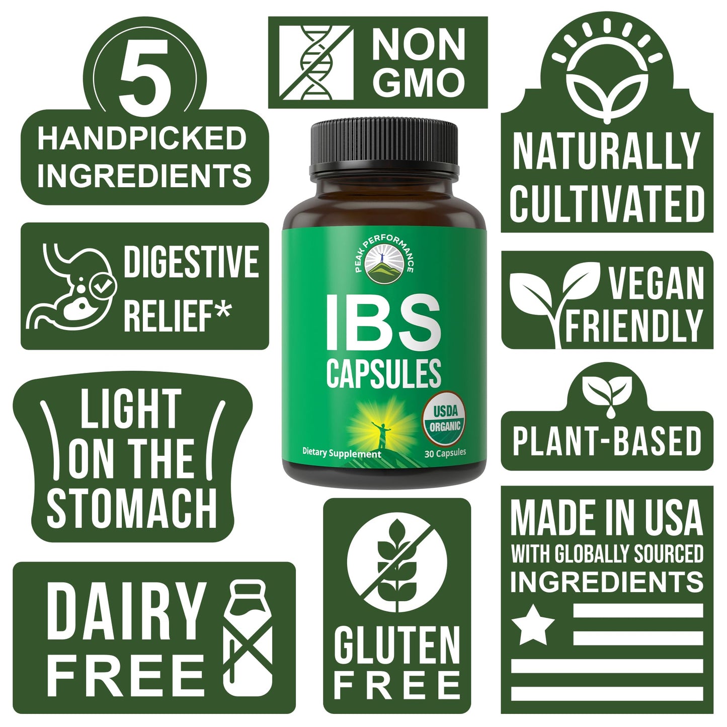 USDA Organic IBS Capsules for Relief, Ingestion, Bloating, Gas. Irritable Bowel Supplement with 5 Handpicked Organic Ingredients. Peppermint Oil, Sea Buckthorn, Fennel Seed, Rosemary Leaf, Basil Leaf - Maple Wellness Supplements