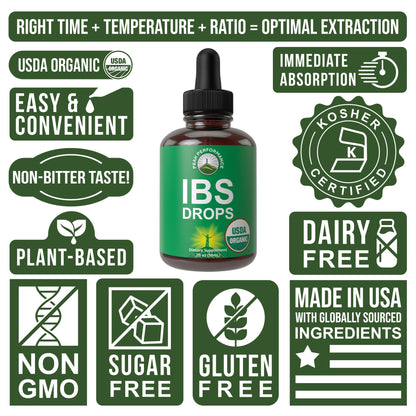 USDA Organic IBS Relief 5-in-1 Liquid Drops. for Ingestion, Bloating, Gas. Irritable Bowel Supplement with 5 Organic Ingredients. Peppermint Oil, Fennel Seed, Chamomile Flower, Rosemary, Holy Basil - Maple Wellness Supplements