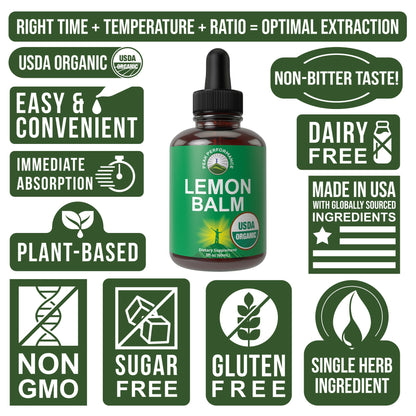 USDA Organic Lemon Balm Tincture. Liquid Organic Lemon Balm Oil Drops Supplement for Relaxation, Calm, Digestion. Vegan Leaf Extract. Zero Sugar, Gluten Free Supplements for Women and Men - Maple Wellness Supplements