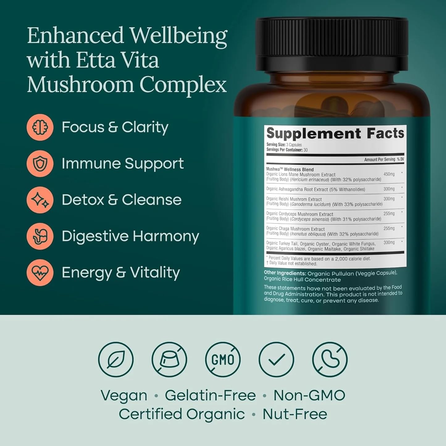 USDA Organic Lions Mane Supplement Capsules with Ashwagandha, Chaga, Reishi, Cordyceps, Turkey Tail (18,600mg/serv) 10x Adaptogenic Mushroom Complex as Focus Supplement - Energy, Immunity & Nootropic - Maple Wellness Supplements