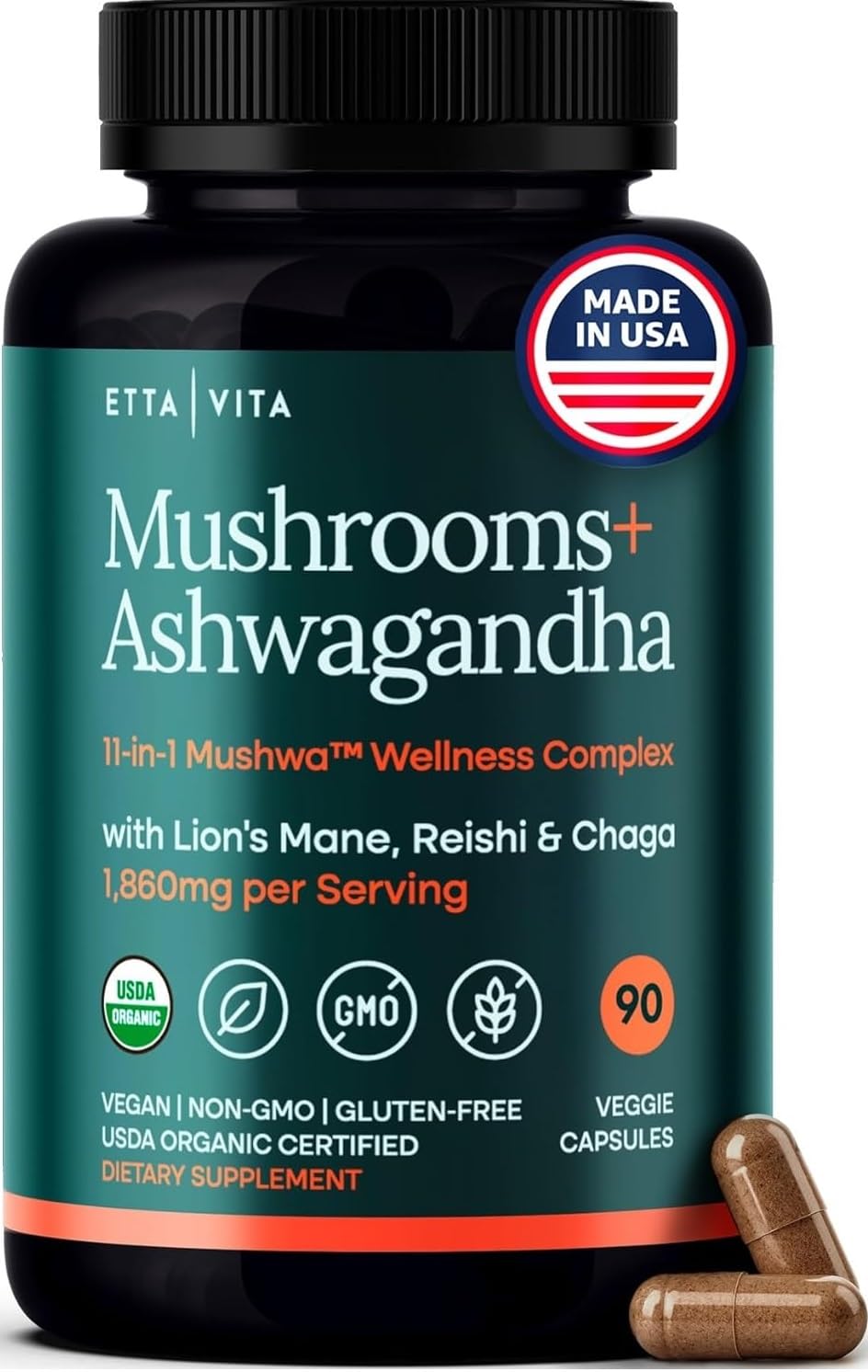 USDA Organic Lions Mane Supplement Capsules with Ashwagandha, Chaga, Reishi, Cordyceps, Turkey Tail (18,600mg/serv) 10x Adaptogenic Mushroom Complex as Focus Supplement - Energy, Immunity & Nootropic - Maple Wellness Supplements