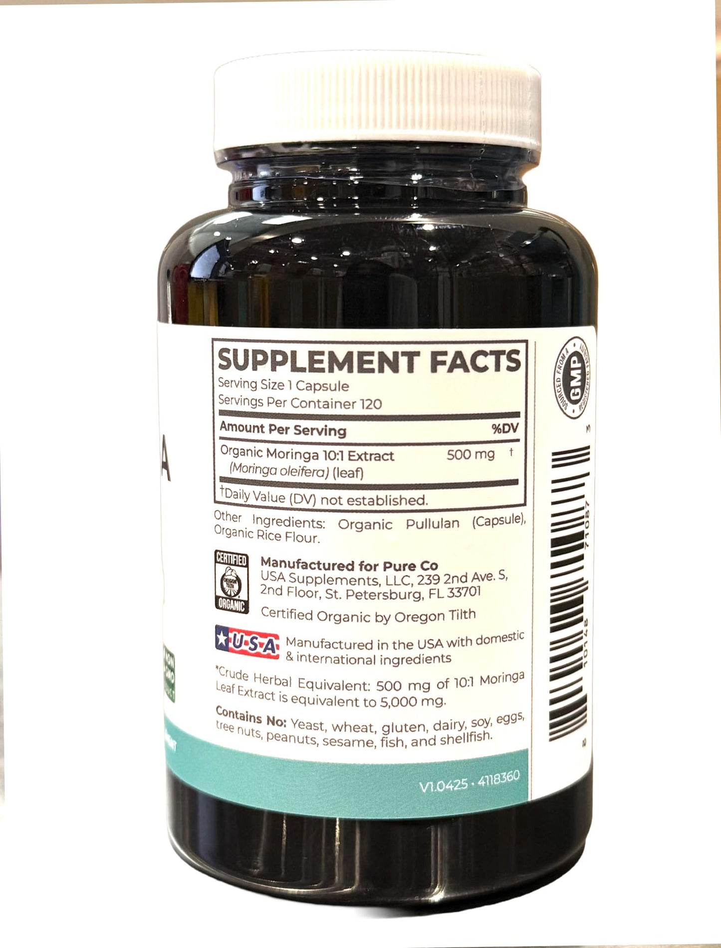 USDA Organic Moringa Capsules - High Potency Organic Moringa 500mg Extract 10:1 Per 1 Capsule Serving - Nutrient Dense Green Superfood Antioxidant - Maple Wellness Supplements