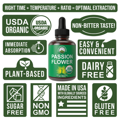 USDA Organic Passion Flower Extract Vegan Liquid Drops with High Bioavailability for Women and Men. Organic Passionflower Supplement with Zero Sugar and Gluten Free. for Calm, Relaxation Support. - Maple Wellness Supplements