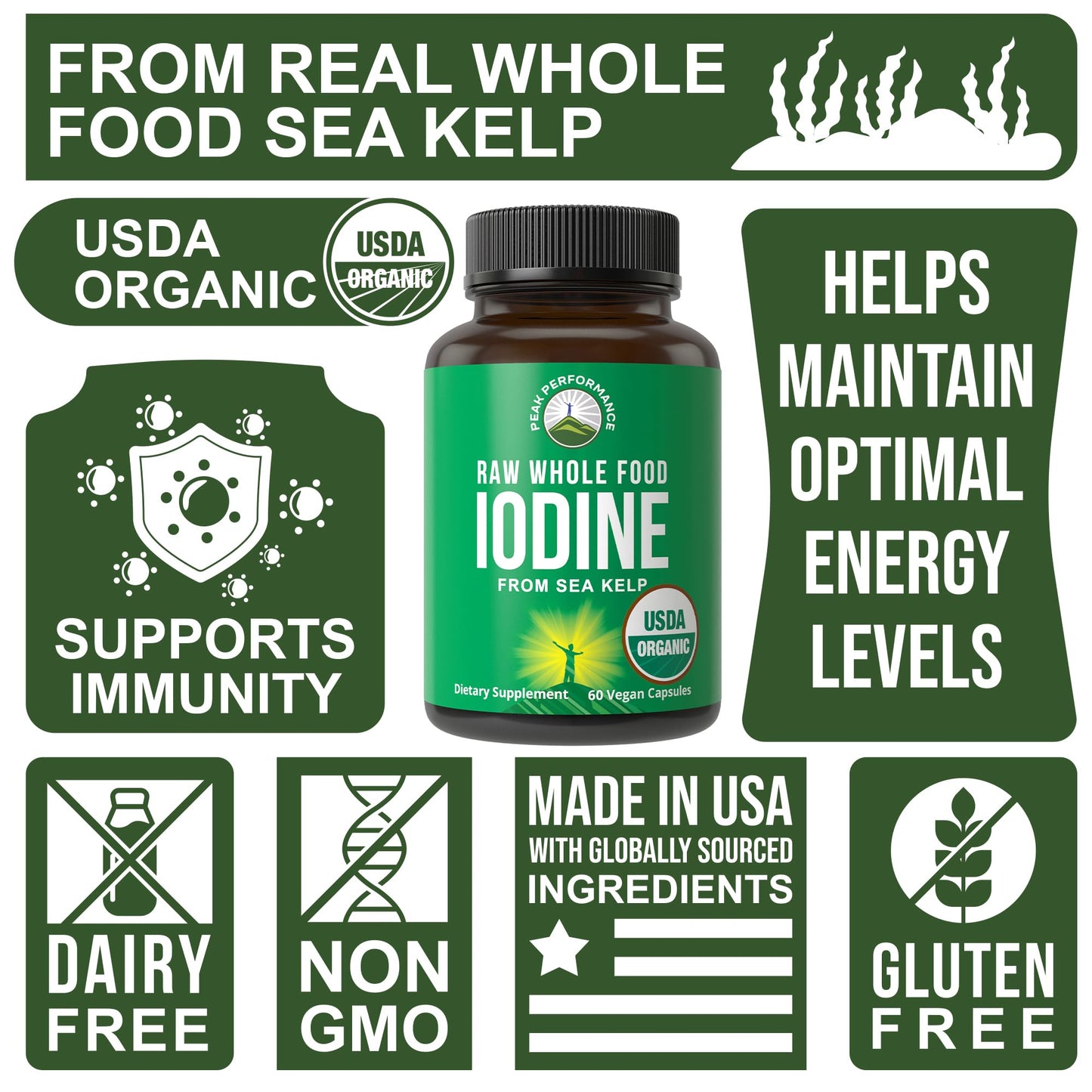 USDA Organic Raw Whole Food Iodine Supplement from Kelp (Ascophyllum Nodosum) - Potassium Iodide Tablets Alternative - for Thyroid, Energy, and Immune Support - 60 Vegan Capsules by Peak Performance - Maple Wellness Supplements