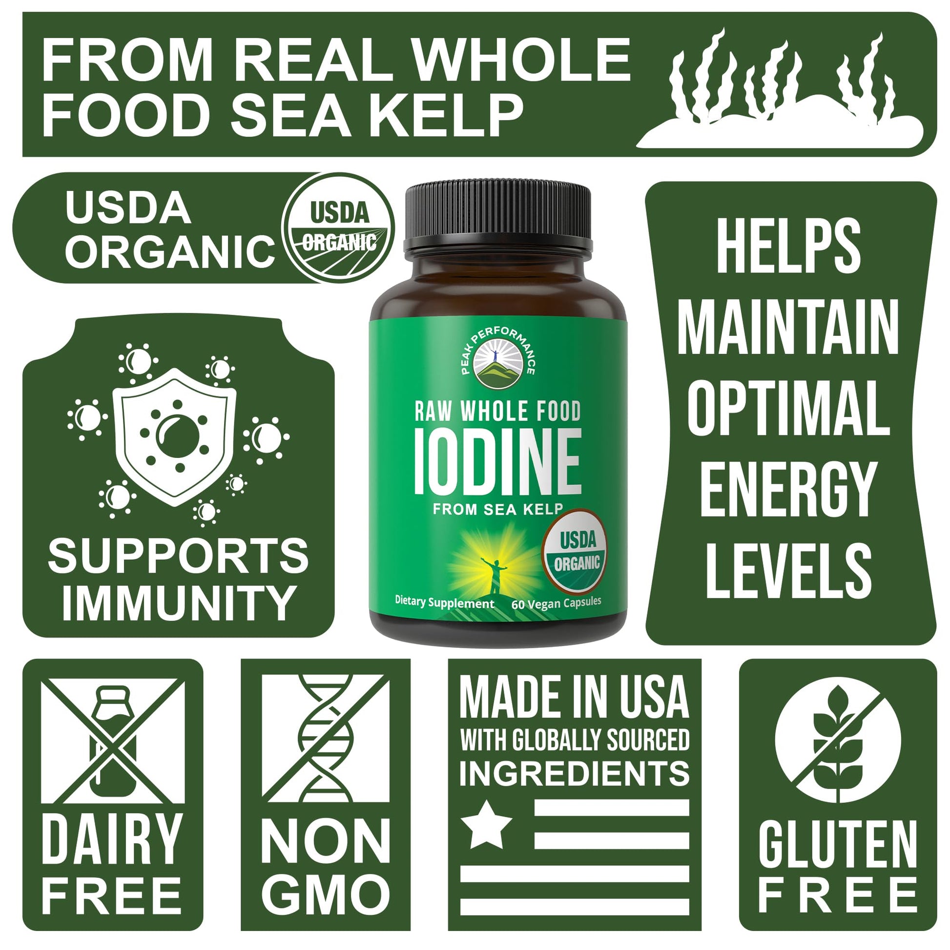 USDA Organic Raw Whole Food Iodine Supplement from Kelp (Ascophyllum Nodosum) - Potassium Iodide Tablets Alternative - for Thyroid, Energy, and Immune Support - 60 Vegan Capsules by Peak Performance - Maple Wellness Supplements