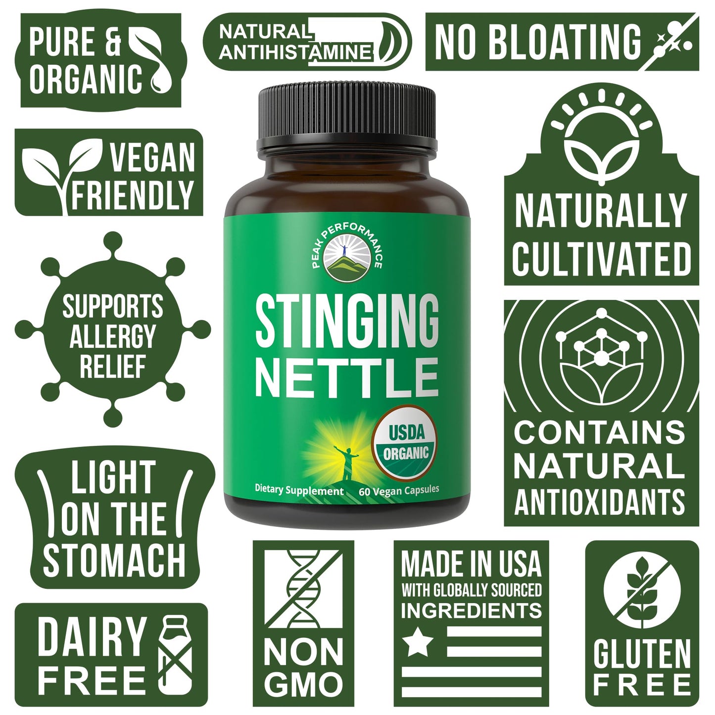 USDA Organic Stinging Nettle Vegan Capsules Made with Stinging Nettle Leaf Powder for Prostate, Hair Growth, Allergy. Better Than Root or Seed Extract. Plant Based Herb Supplement Tablets, 60 Pills - Maple Wellness Supplements