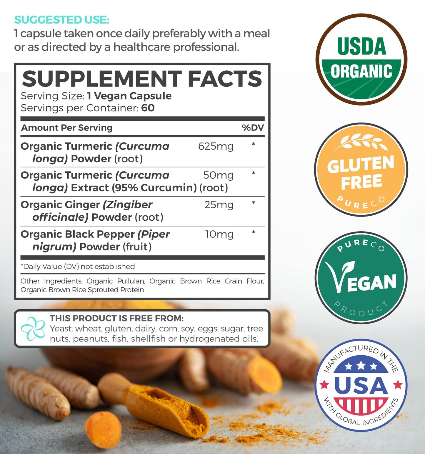 USDA Organic Turmeric Curcumin with Black Pepper and Ginger (2 Month Supply) - Maple Wellness Supplements