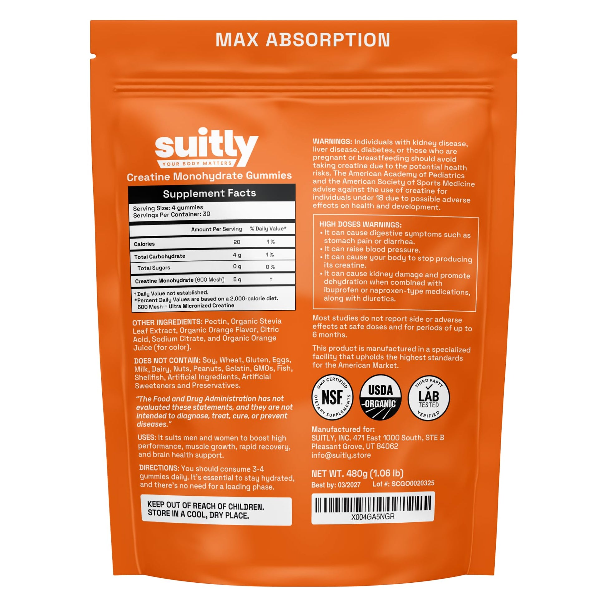 USDA Organic Ultra-Micronized Creatine Gummies for Men & Women; Orange Max Absorption 5g Creatine Gummies Sugar Free for Muscle Gain, Energy & Recovery; Muscle Builder for Women with Pouch - 120 Count - Maple Wellness Supplements