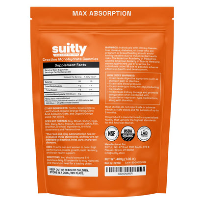USDA Organic Ultra-Micronized Creatine Gummies for Men & Women; Orange Max Absorption 5g Creatine Gummies Sugar Free for Muscle Gain, Energy & Recovery; Muscle Builder for Women with Pouch - 120 Count - Maple Wellness Supplements