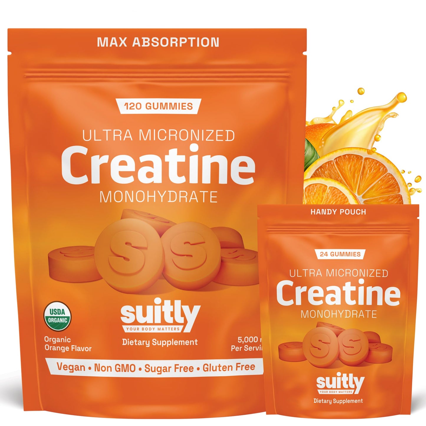 USDA Organic Ultra-Micronized Creatine Gummies for Men & Women; Orange Max Absorption 5g Creatine Gummies Sugar Free for Muscle Gain, Energy & Recovery; Muscle Builder for Women with Pouch - 120 Count - Maple Wellness Supplements