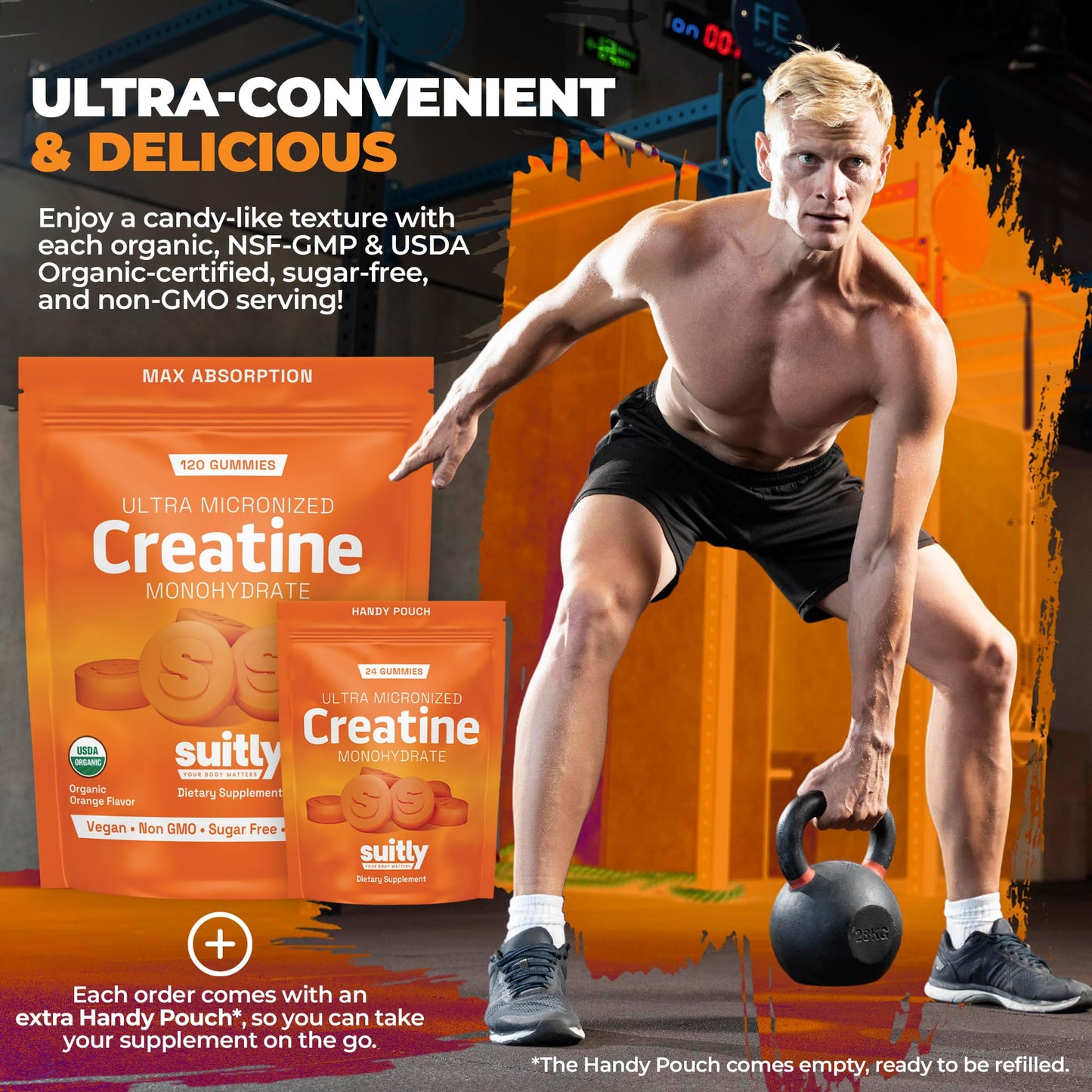 USDA Organic Ultra-Micronized Creatine Gummies for Men & Women; Orange Max Absorption 5g Creatine Gummies Sugar Free for Muscle Gain, Energy & Recovery; Muscle Builder for Women with Pouch - 120 Count - Maple Wellness Supplements