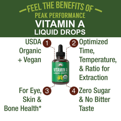 USDA Organic Vitamin A Liquid Drops Supplement. Vegan High Bioavailability for Eye, Skin + Bone Health. for Adults, Men, Women, Kids. Vit A Oil Retinyl Palmitate. Gluten Free, Zero Sugar. 100 Servings - Maple Wellness Supplements