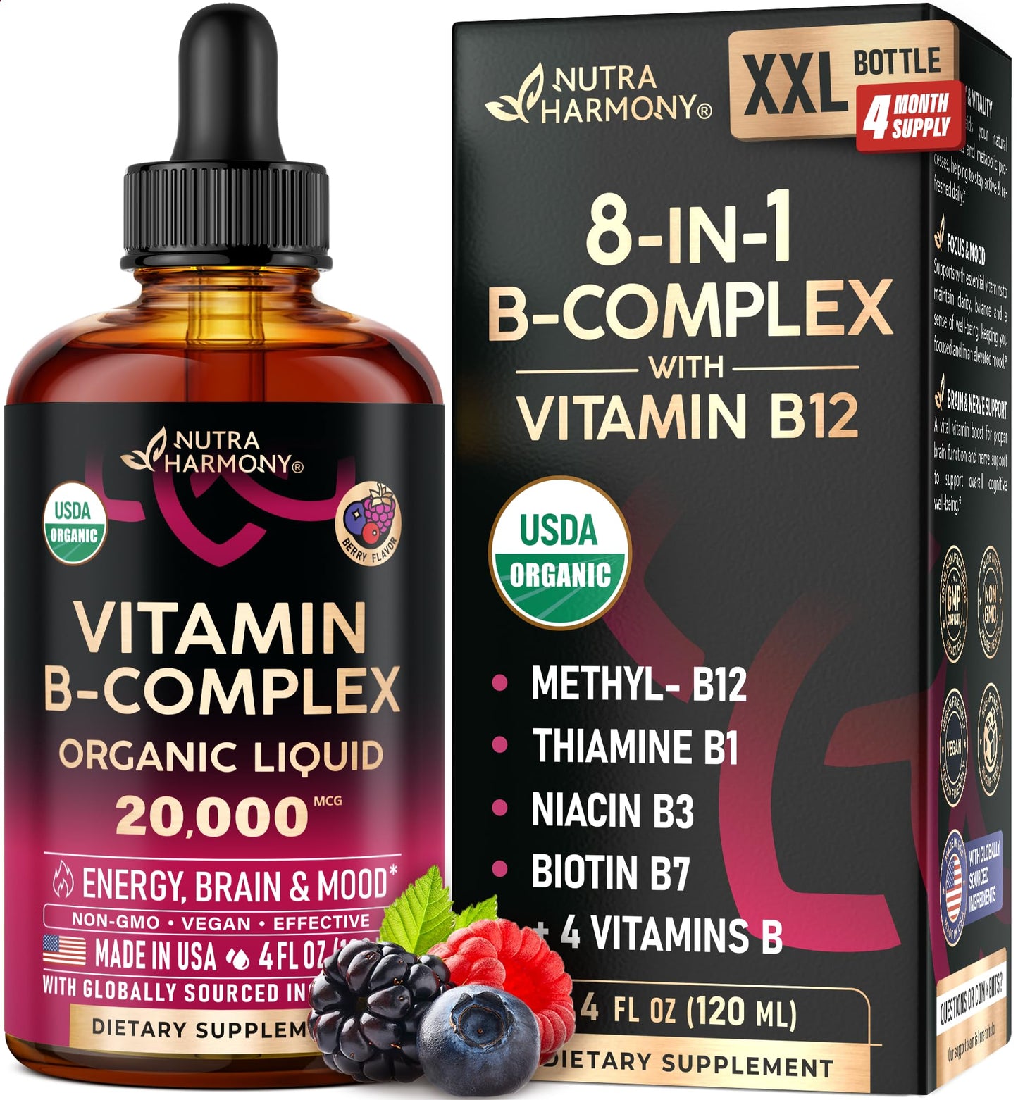USDA Organic Vitamin B-Complex B5 Pantothenic Acid | B12 Methylcobalamin | B1 Thiamine | B6 Pyridoxine | B7 Biotin | B9 Folic | B3 Niacinamide - Maple Wellness Supplements