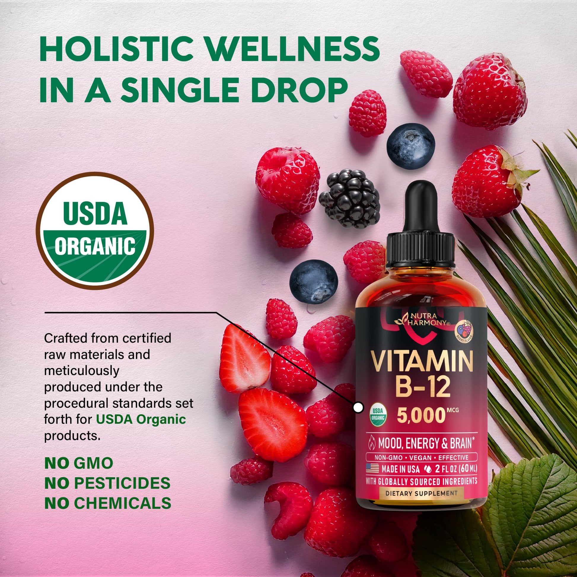 USDA Organic Vitamin B12 Sublingual Drops - 5000 mcg Liquid Vegan Methylcobalamin for Women & Men - Energy Boost, Focus & Mood, Brain Health Support - Maple Wellness Supplements